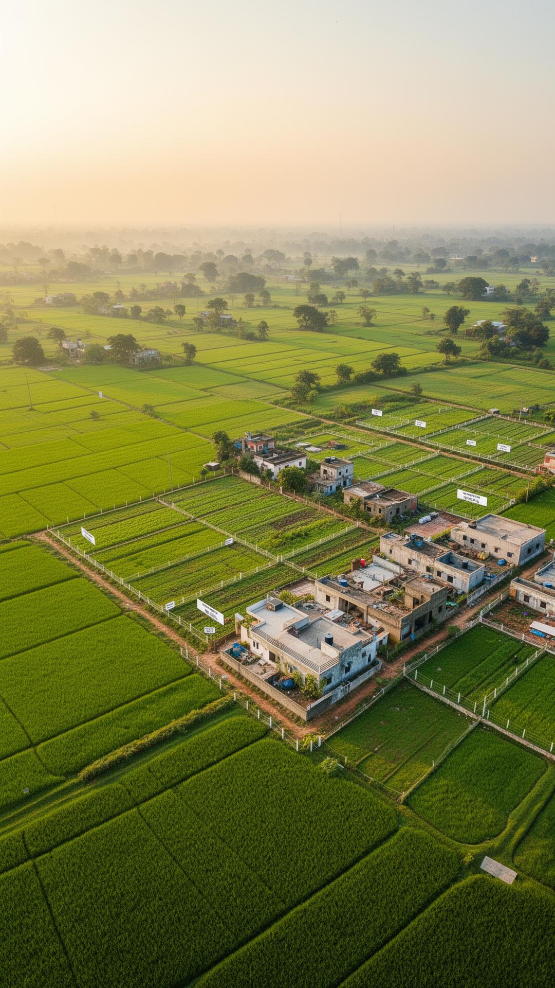Aerial view of lush green farmland and surveyed residential plots in West Bengal at golden hour