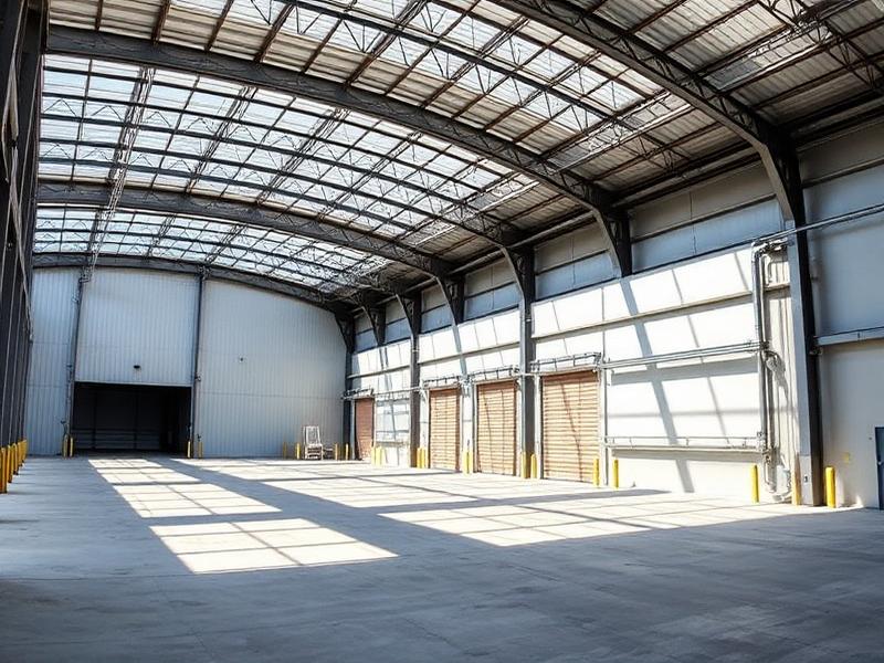 Modern commercial warehouse with high steel ceiling and loading bays