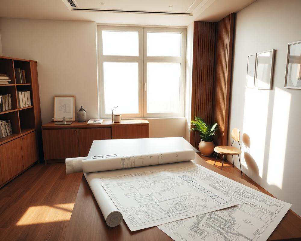 Warm real estate office with land survey documents and blueprints on a desk in sunlight
